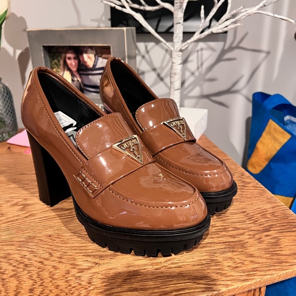 Guess Shoes - Guess Glossy Tan Patent Leather Heeled Loafer Boots (Size: 7) * NWOT